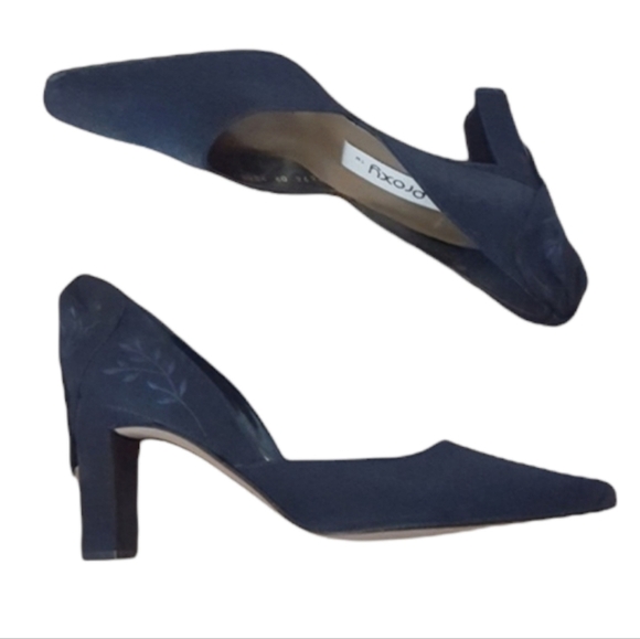 Vintage - Proxy Navy Embroidered Bow Back Shimmer Heels - Picture 1 of 6